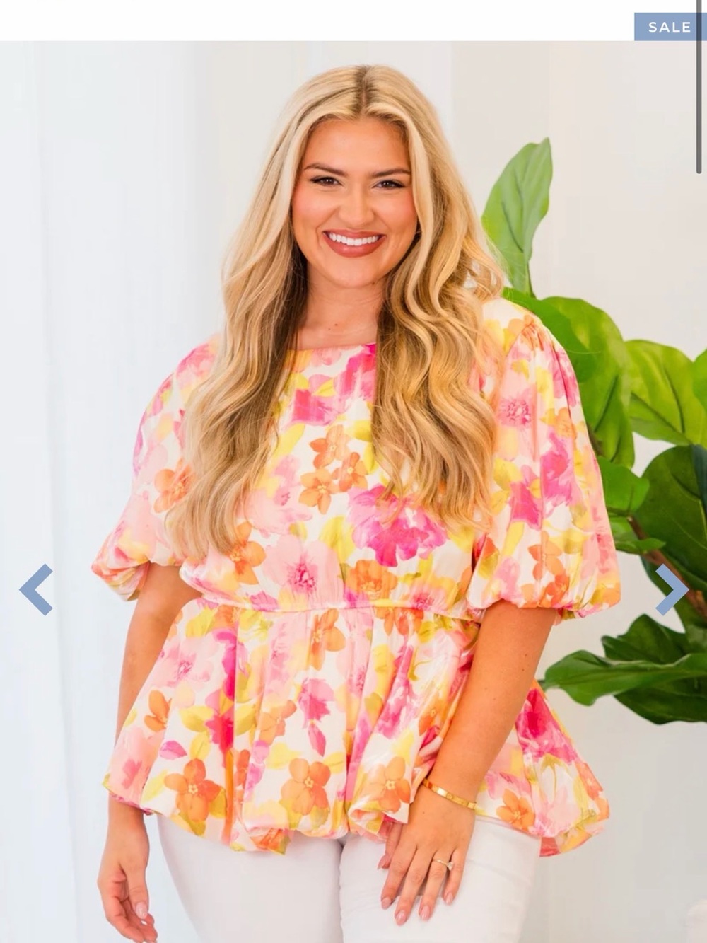 Chic Soul Pink and Yellow Floral Puff-Sleeve Peplum Blouse